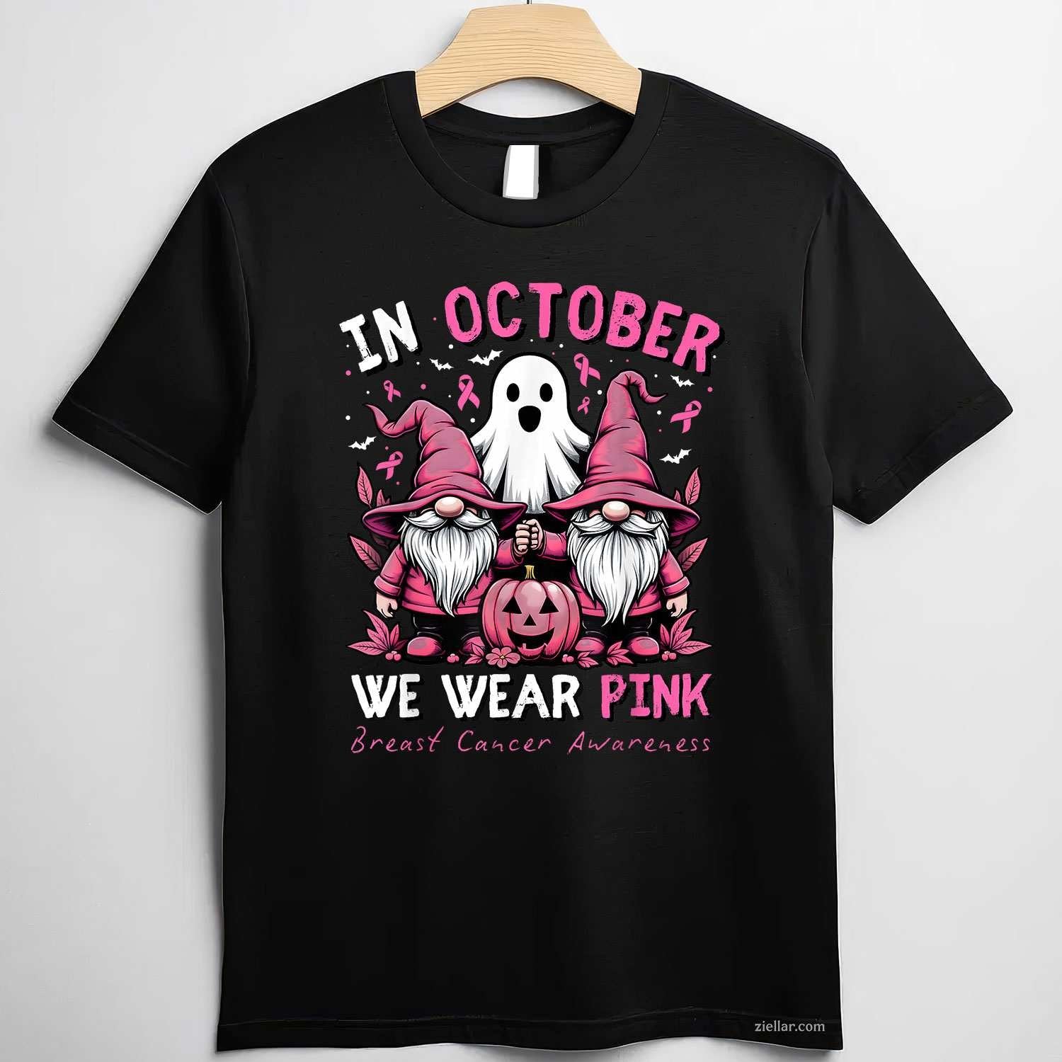 In October We Wear Pink Ghost Gnomes Breast Cancer Awareness Funny Graphic Tee and T-Shirt Gift for Adults Men Women Unisex