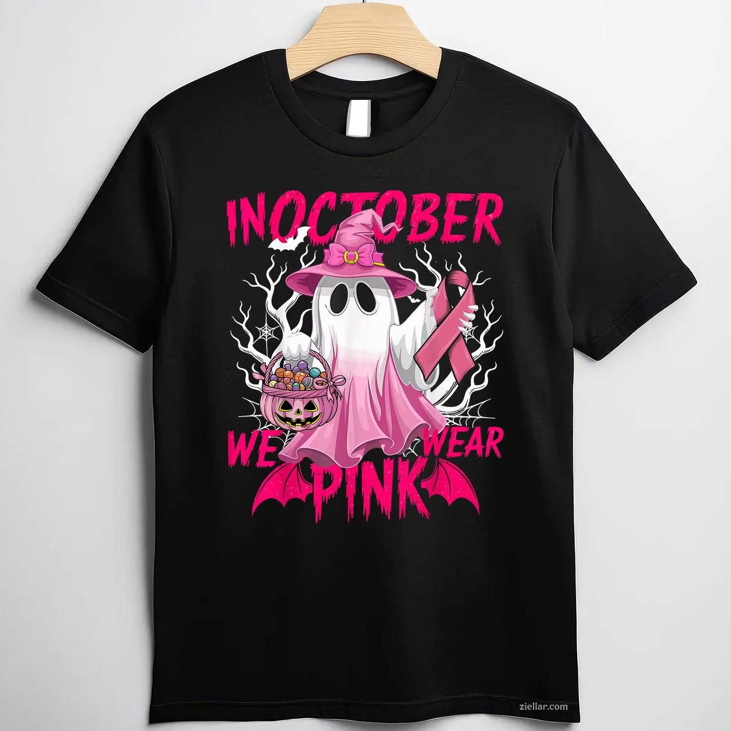 In October We Wear Pink  Breast Cancer Awareness Ghost Funny Graphic Tee and T-Shirt Gift for Adults Men Women Unisex