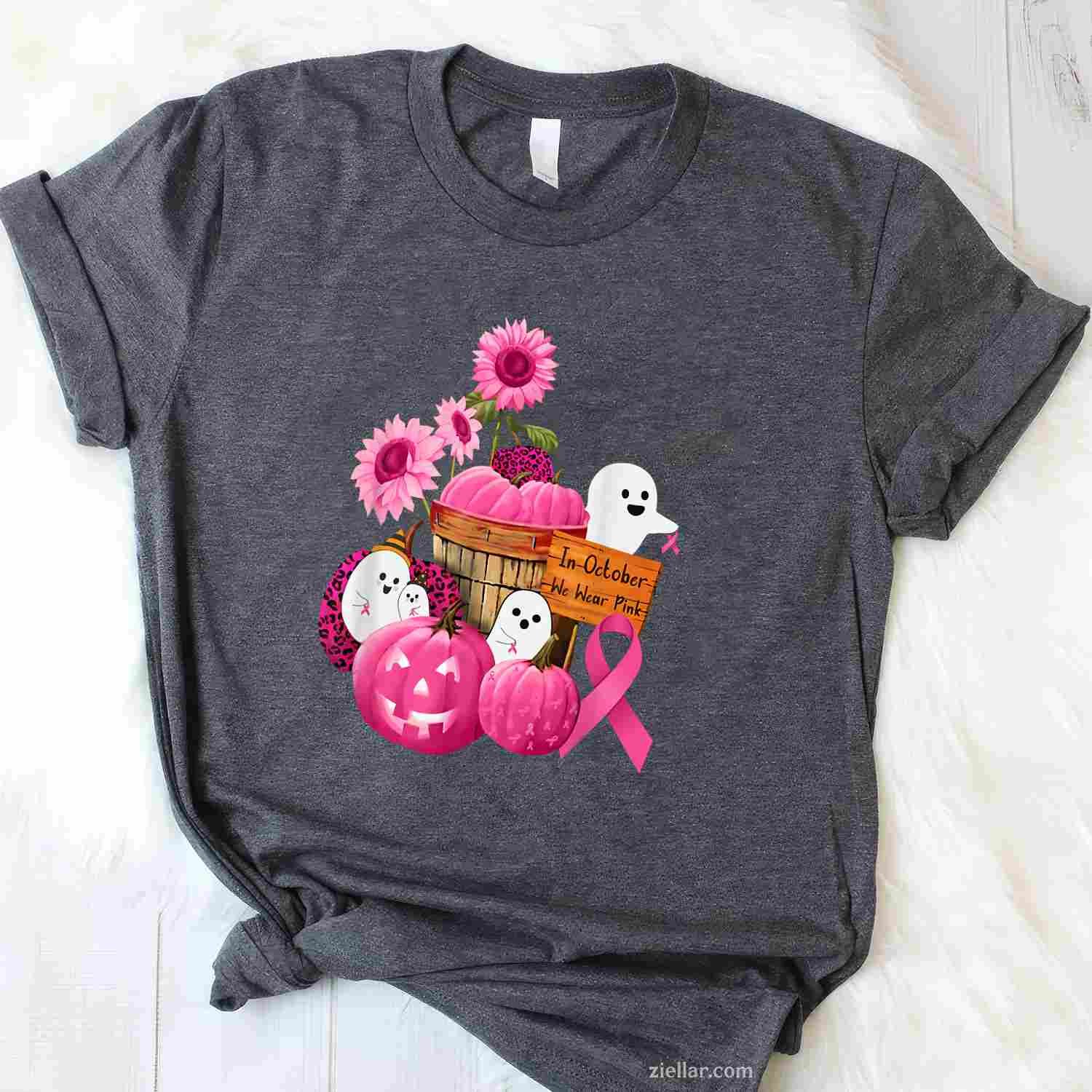 In October We Wear Pink Ghosts & Pumpkins For Breast Cancer Funny Graphic Tee and T-Shirt Gift for Adults Men Women Unisex