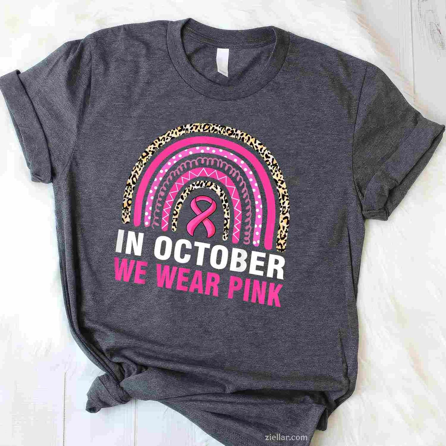 In October We Wear Pink Leopard Breast Cancer Awareness Funny Graphic Tee and T-Shirt Gift for Adults Men Women Unisex