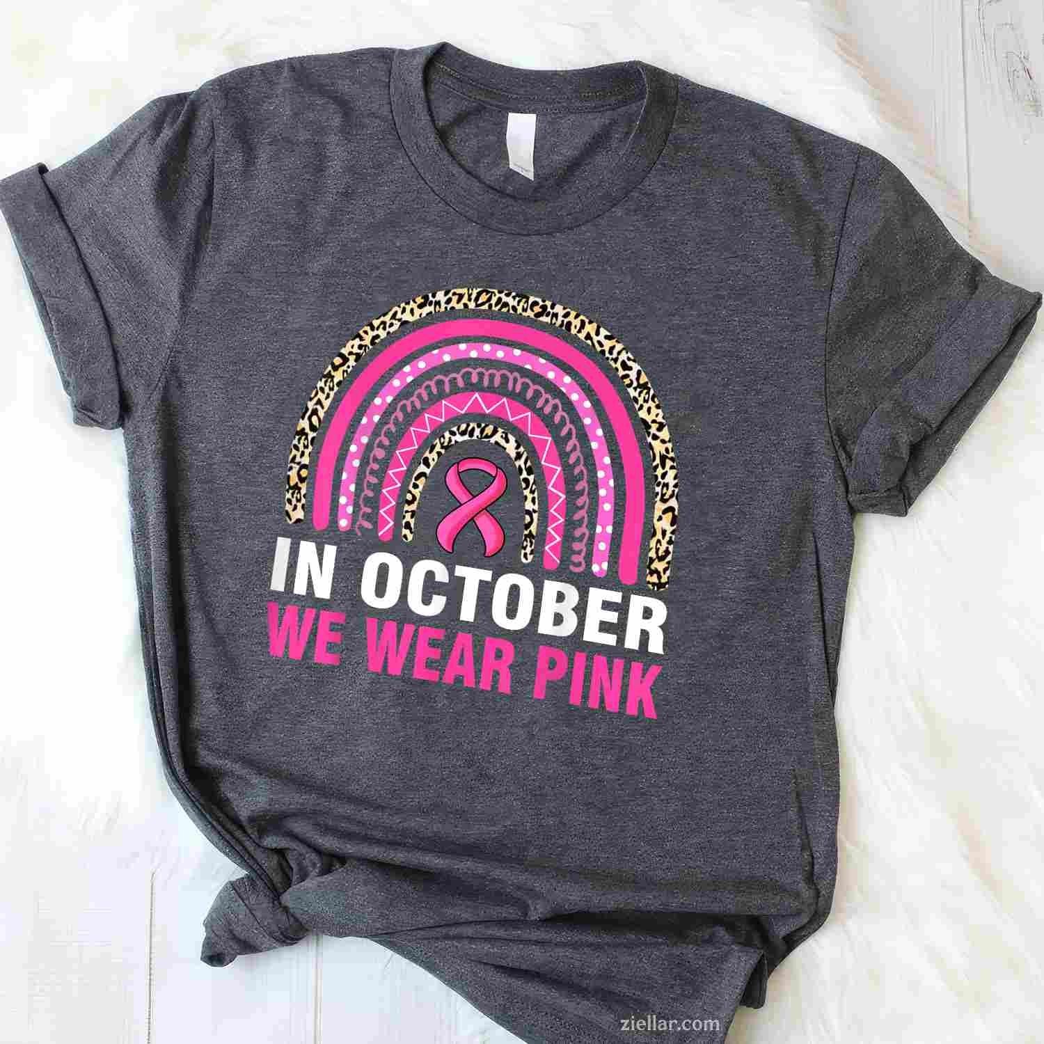 In October We Wear Pink Leopard Breast Cancer Awareness Funny Graphic Tee and T-Shirt Gift for Adults Men Women Unisex