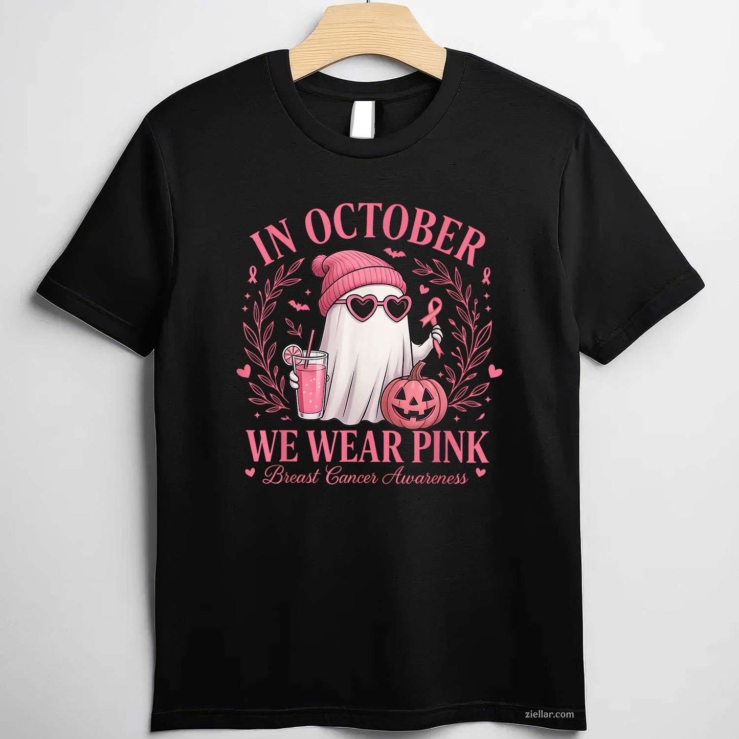 In October We Wear Pink Breast Cancer Awareness Halloween Funny Graphic Tee and T-Shirt Gift for Adults Men Women Unisex