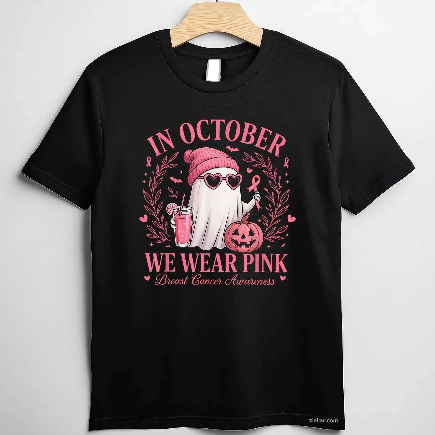 In October We Wear Pink Breast Cancer Awareness Halloween Funny Graphic Tee and T-Shirt Gift for Adults Men Women Unisex
