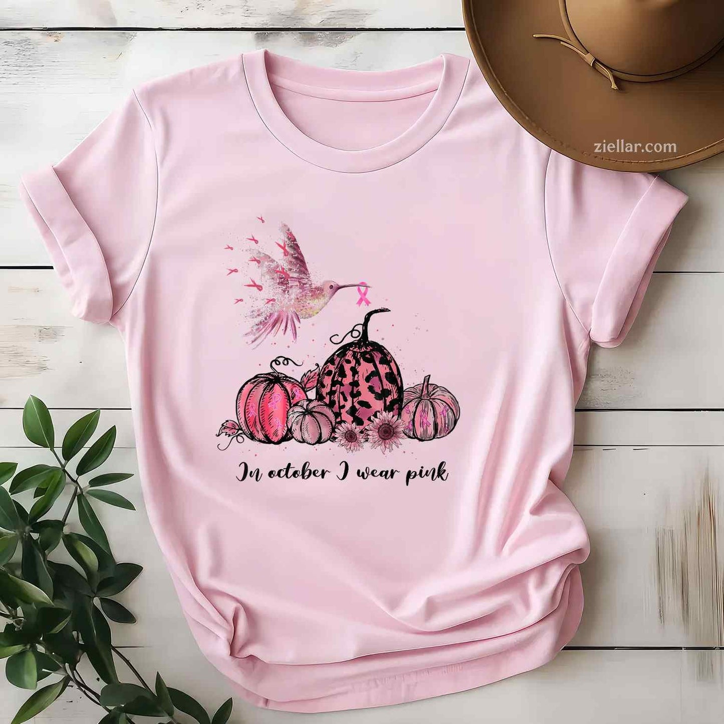 In October We Wear Pink Hummingbird Breast Cancer Awareness Funny Graphic Tee and T-Shirt Gift for Adults Men Women Unisex