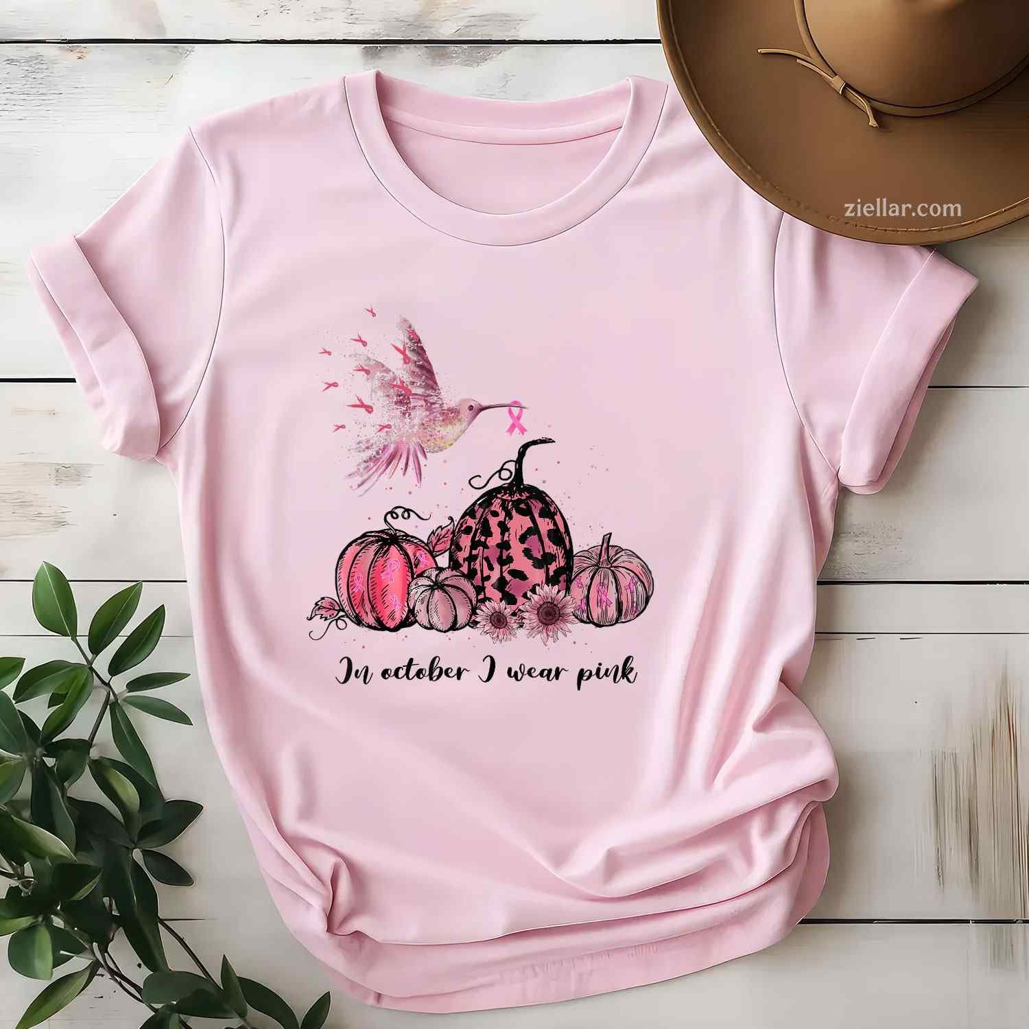 In October We Wear Pink Hummingbird Breast Cancer Awareness Funny Graphic Tee and T-Shirt Gift for Adults Men Women Unisex