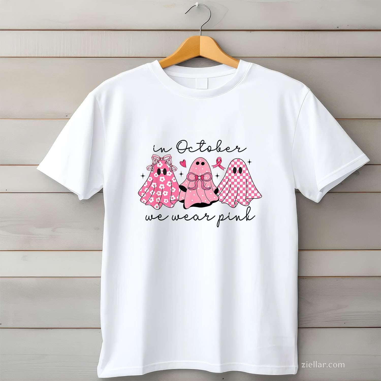 In October We Wear Pink Cute Ghost Women's Funny Graphic Tee and T-Shirt Gift for Adults Men Women Unisex