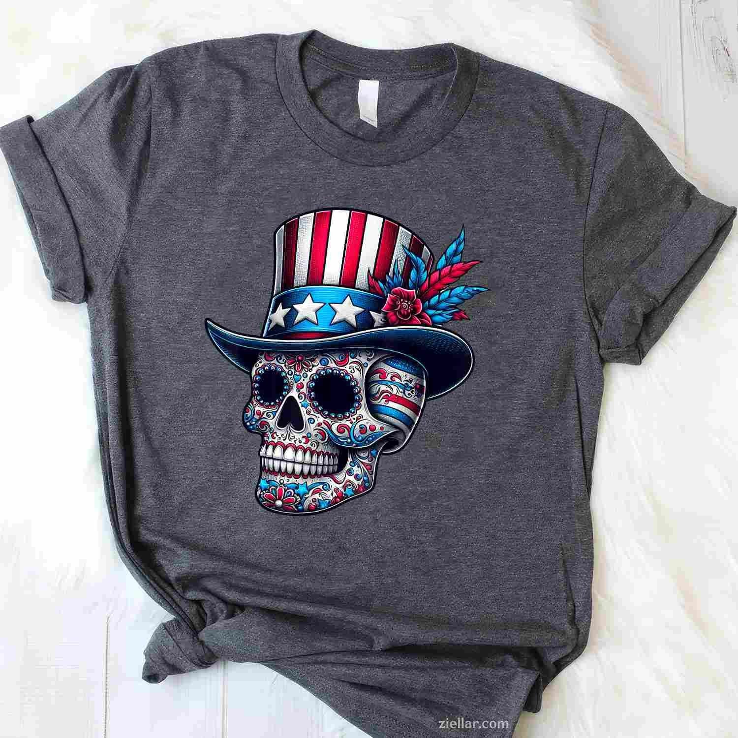 Independence Day Usa Patriot Skull 4th Of July Sugar Skull T-Shirt Tee for Men Women Adults Unisex