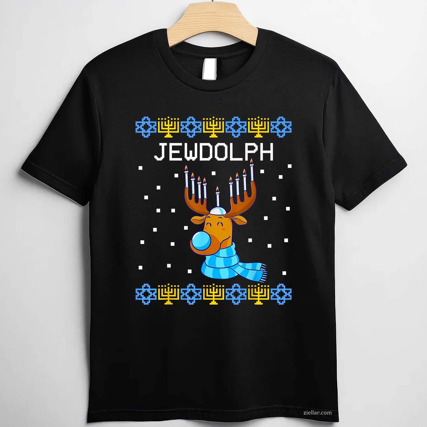 Jewdolph Ugly Hanukkah Sweater Reindeer Menorah Chanukah T-Shirt_ Humorous Holiday Party Tee For All