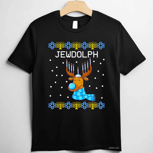 Jewdolph Ugly Hanukkah Sweater Reindeer Menorah Chanukah T-Shirt_ Humorous Holiday Party Tee For All