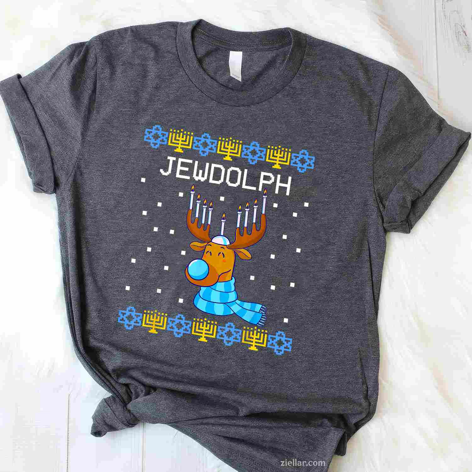 Jewdolph Ugly Hanukkah Sweater Reindeer Menorah Chanukah T-Shirt_ Humorous Holiday Party Tee For All