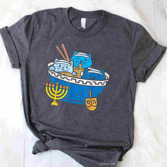 Jewish Cats Ramen Kitten Anime Hanukkah Pajamas Chanukah Pjs T-Shirt_ Funny Pajama Tee For All