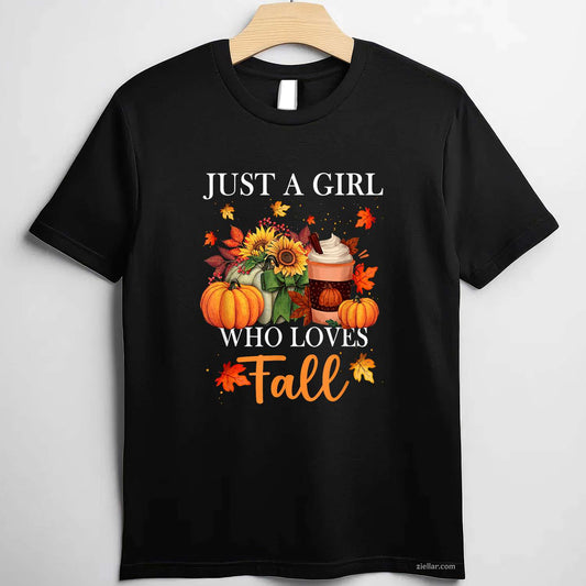 Just Girl Who Loves Fall Season Pumpkin Spice Leaves Autumn T-Shirt and Tee for Adults Men Women Unisex