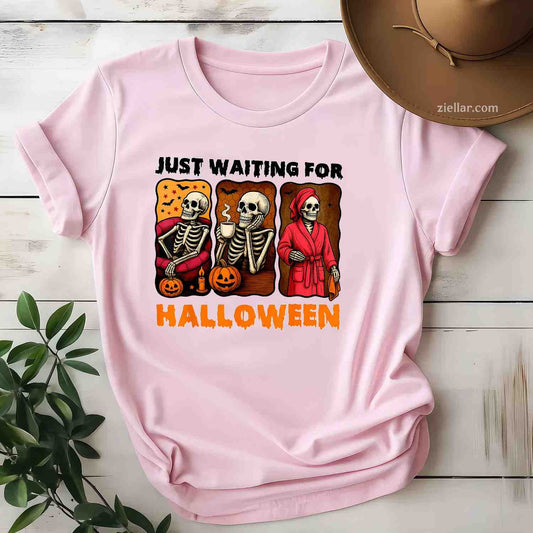 Just Waiting for Halloween Funny Skeleton Spooky Summerween Tee, Halloween T-Shirt for Men Women Adults Unisex, Aesthetic Streetwear Top, Soft Cotton Premium Print