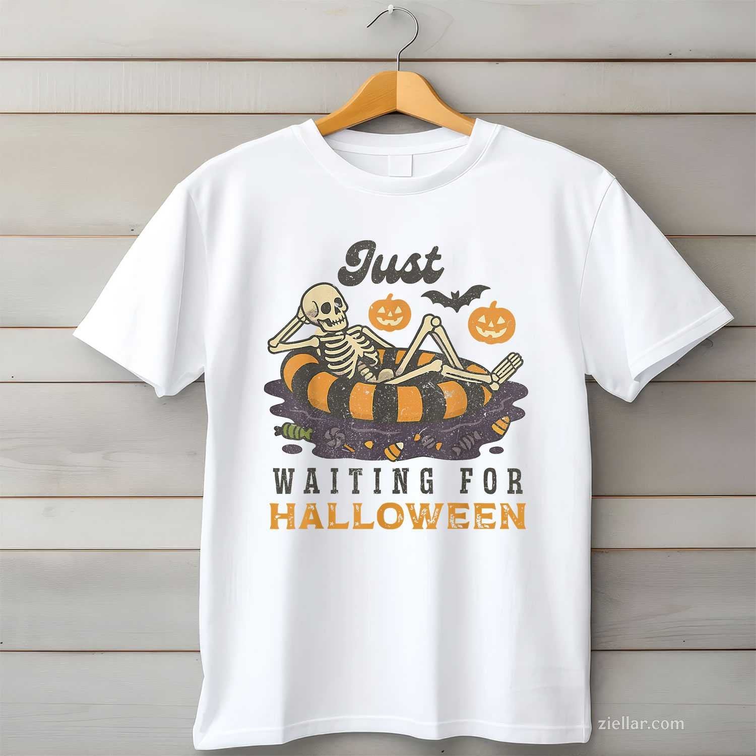 Just Waiting for Halloween Funny Skeleton Spooky Summerween Tee, Halloween T-Shirt for Men Women Adults Unisex, Vintage Retro Graphic, Funny Novelty Gift
