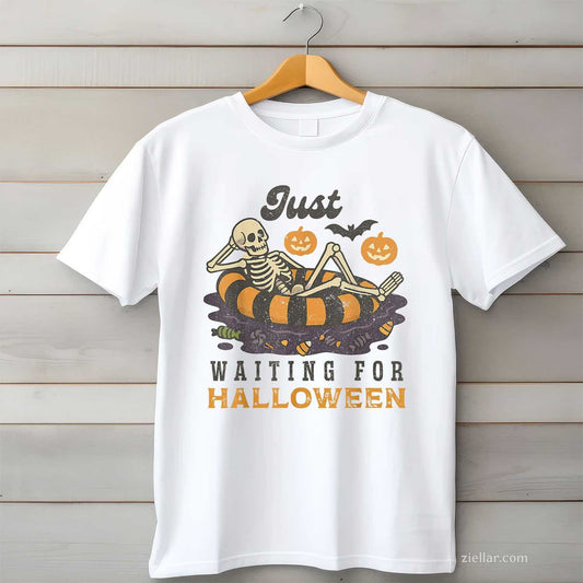 Just Waiting for Halloween Funny Skeleton Spooky Summerween Tee, Halloween T-Shirt for Men Women Adults Unisex, Vintage Retro Graphic, Funny Novelty Gift