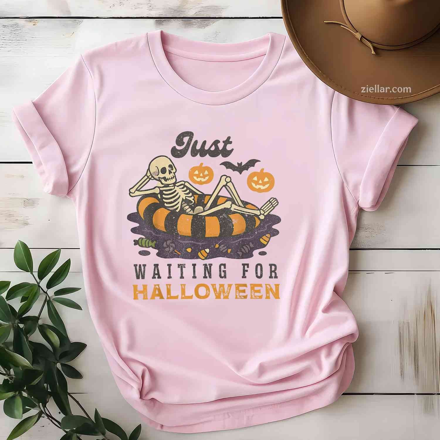 Just Waiting for Halloween Funny Skeleton Spooky Summerween Tee, Halloween T-Shirt for Men Women Adults Unisex, Vintage Retro Graphic, Funny Novelty Gift