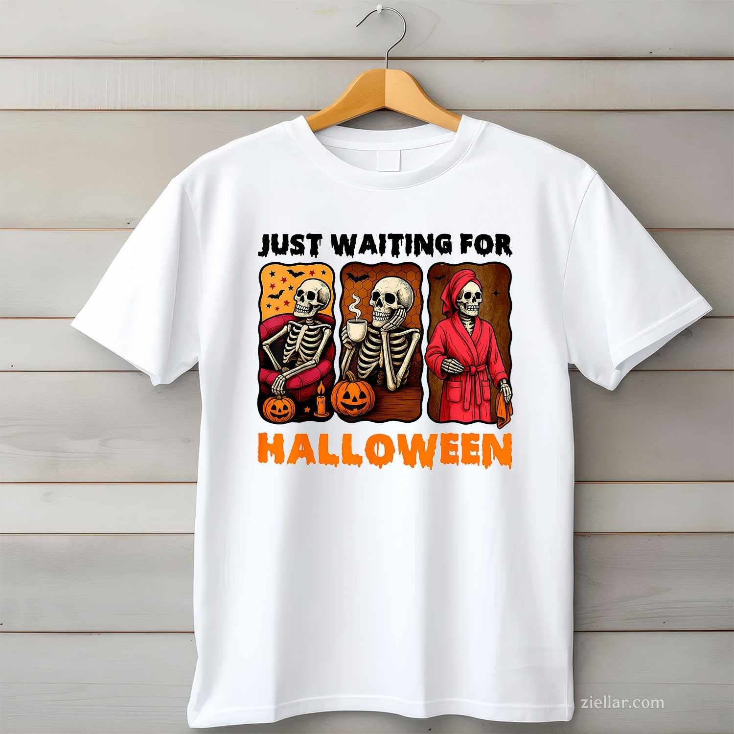 Just Waiting for Halloween Funny Skeleton Spooky Summerween Tee, Halloween T-Shirt for Men Women Adults Unisex, Aesthetic Streetwear Top, Soft Cotton Premium Print