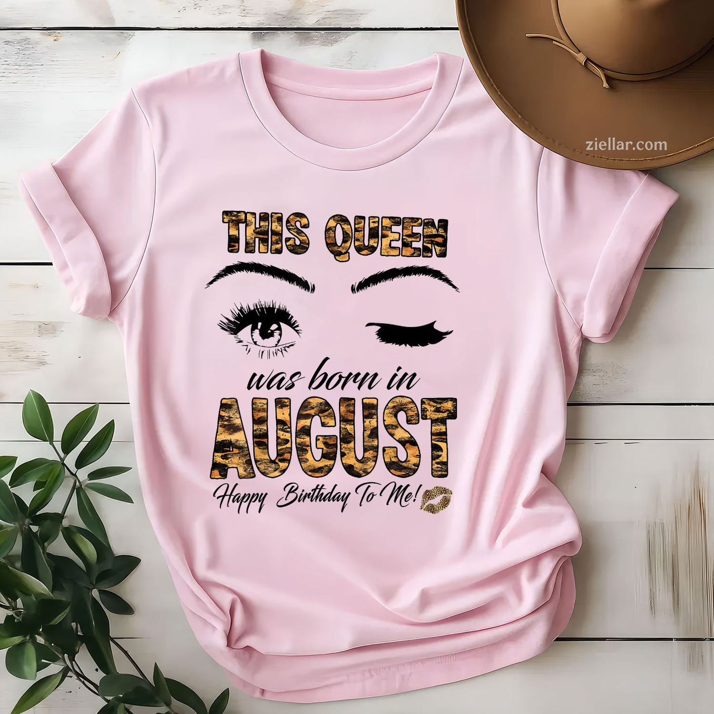 Leopard Print Queen Born in August Tee and T-Shirt, Birthday Gift T-Shirt for Women Adults