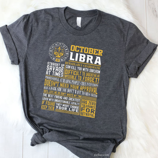 Libra Zodiac Birthday Tee and T-Shirt, Best Born in October T-Shirt Gift for Men and Women