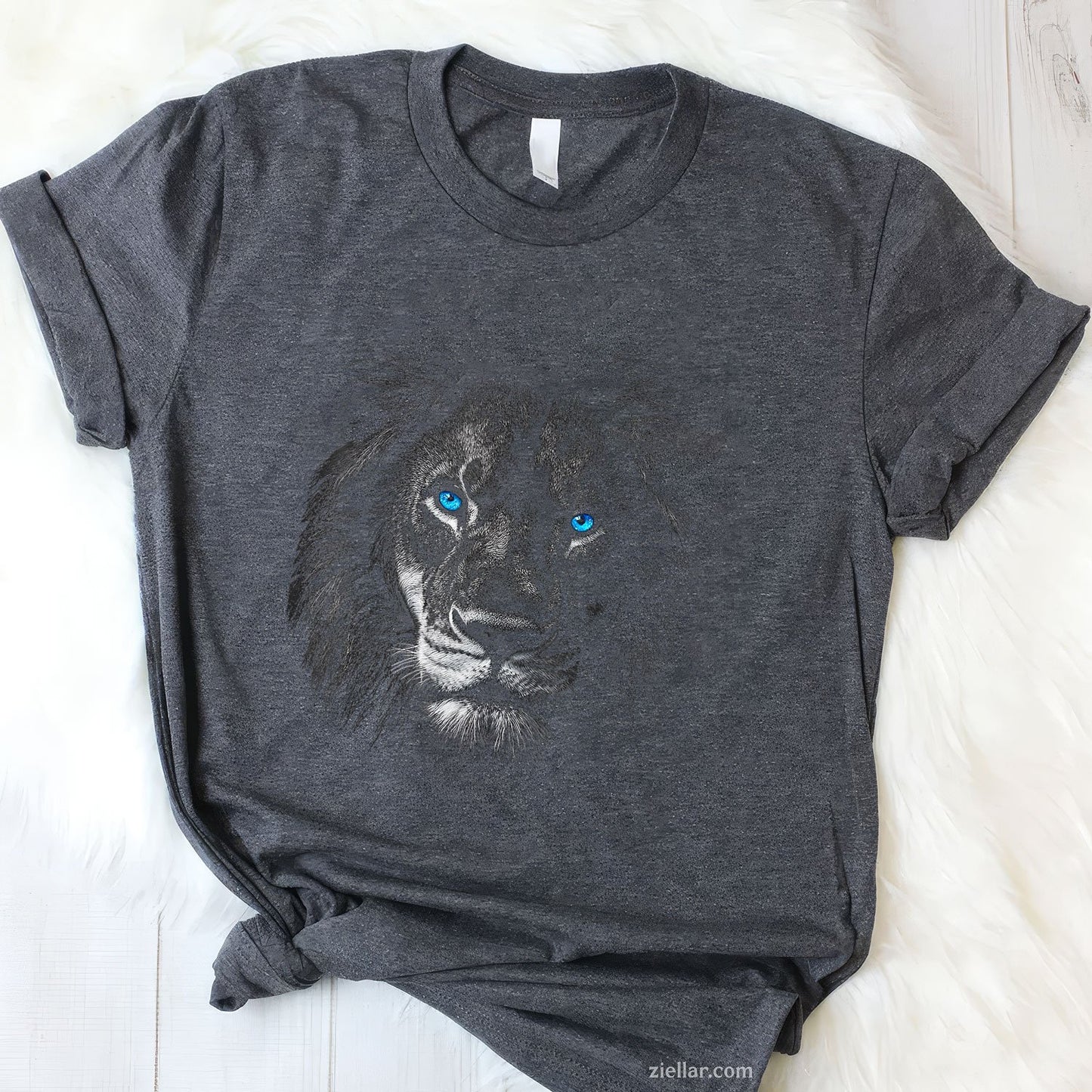 Lion Motif Blue Eyes Tee and T-Shirt, Animal Artwork Graphic T-Shirt Gift for Adults