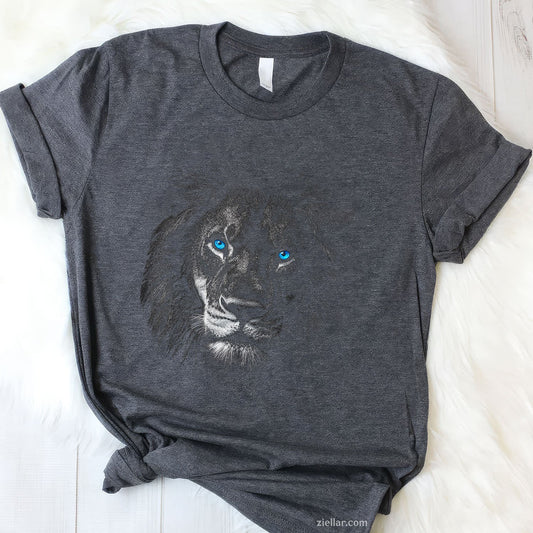 Lion Motif Blue Eyes Tee and T-Shirt, Animal Artwork Graphic T-Shirt Gift for Adults