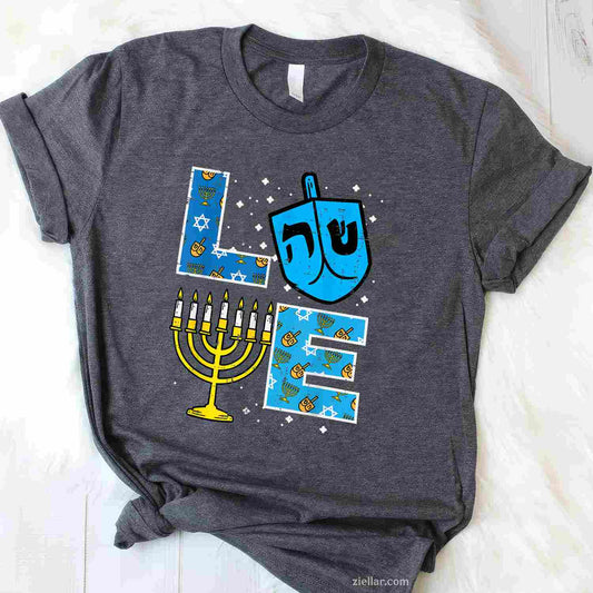 Love Hanukkah Dreidel Menorah Jewish Chanukah Men Women T-Shirt_ Cute Holiday Tee For Men And Women