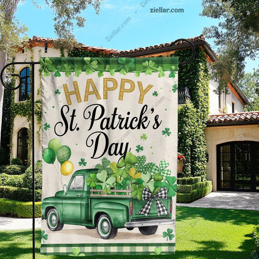 Lucky Shamrocks Truck St Patricks Day Garden Flag 12x18 Inch Outdoor Burlap
