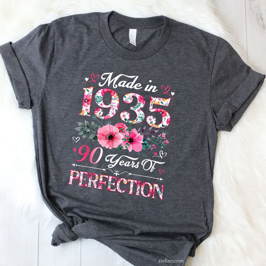 Made in 1935 Tee and T-Shirt, Floral 90th Birthday T-Shirt Gift for 90-Year-Old Women Adults