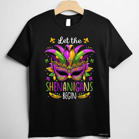Mardi Gras Mask and Beads Tee and T-Shirt, Let the Shenanigans Begin T-Shirt for Men and Women Adults