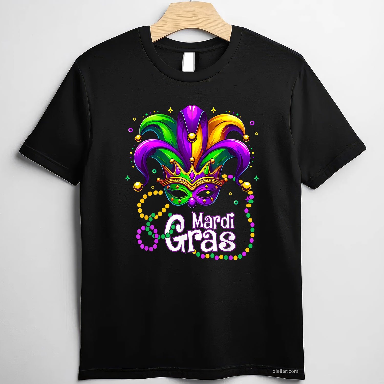 Mardi Gras Beads Mask Tee and T-Shirt, Carnival T-Shirt for Men and Women with Feathers and Hat