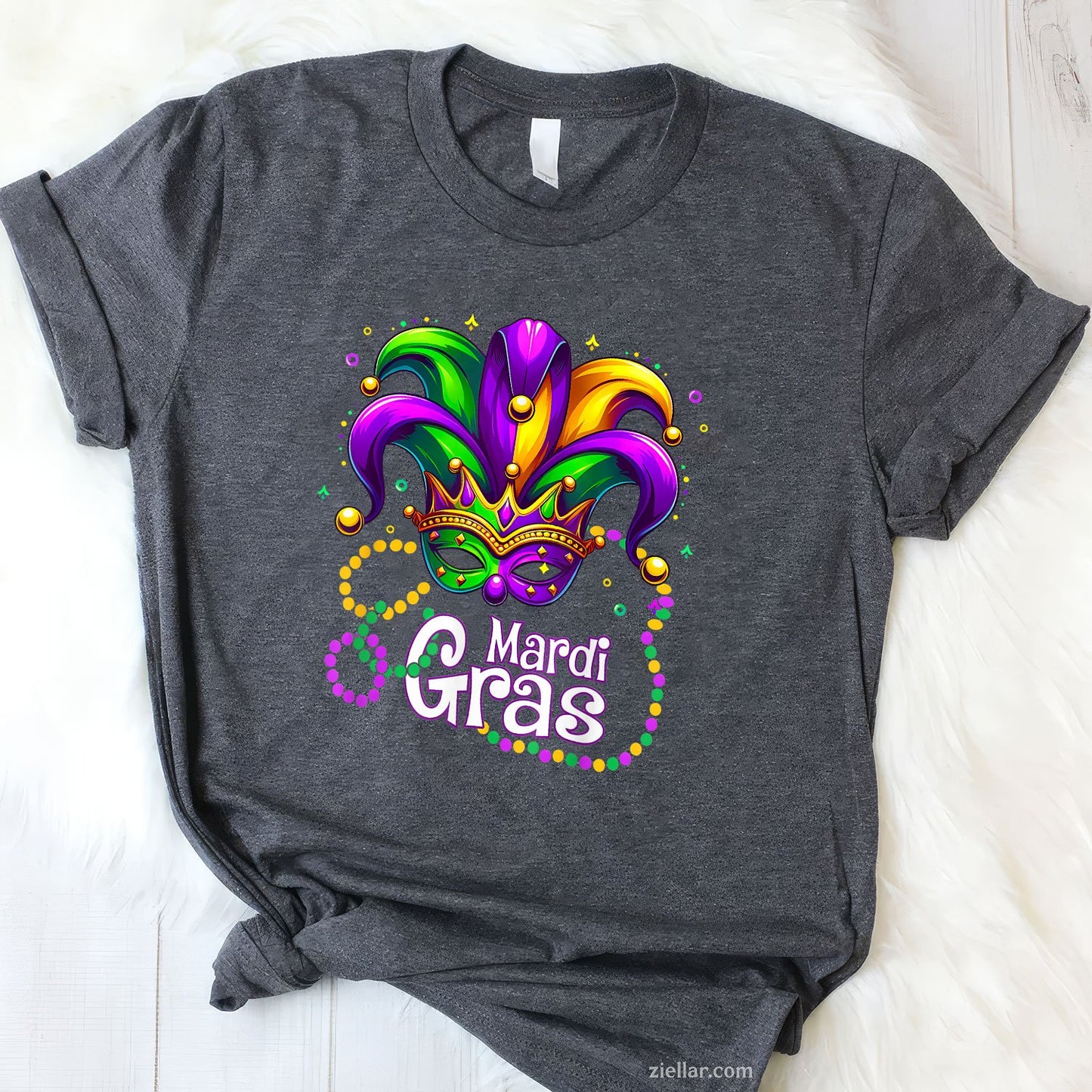 Mardi Gras Beads Mask Tee and T-Shirt, Carnival T-Shirt for Men and Women with Feathers and Hat
