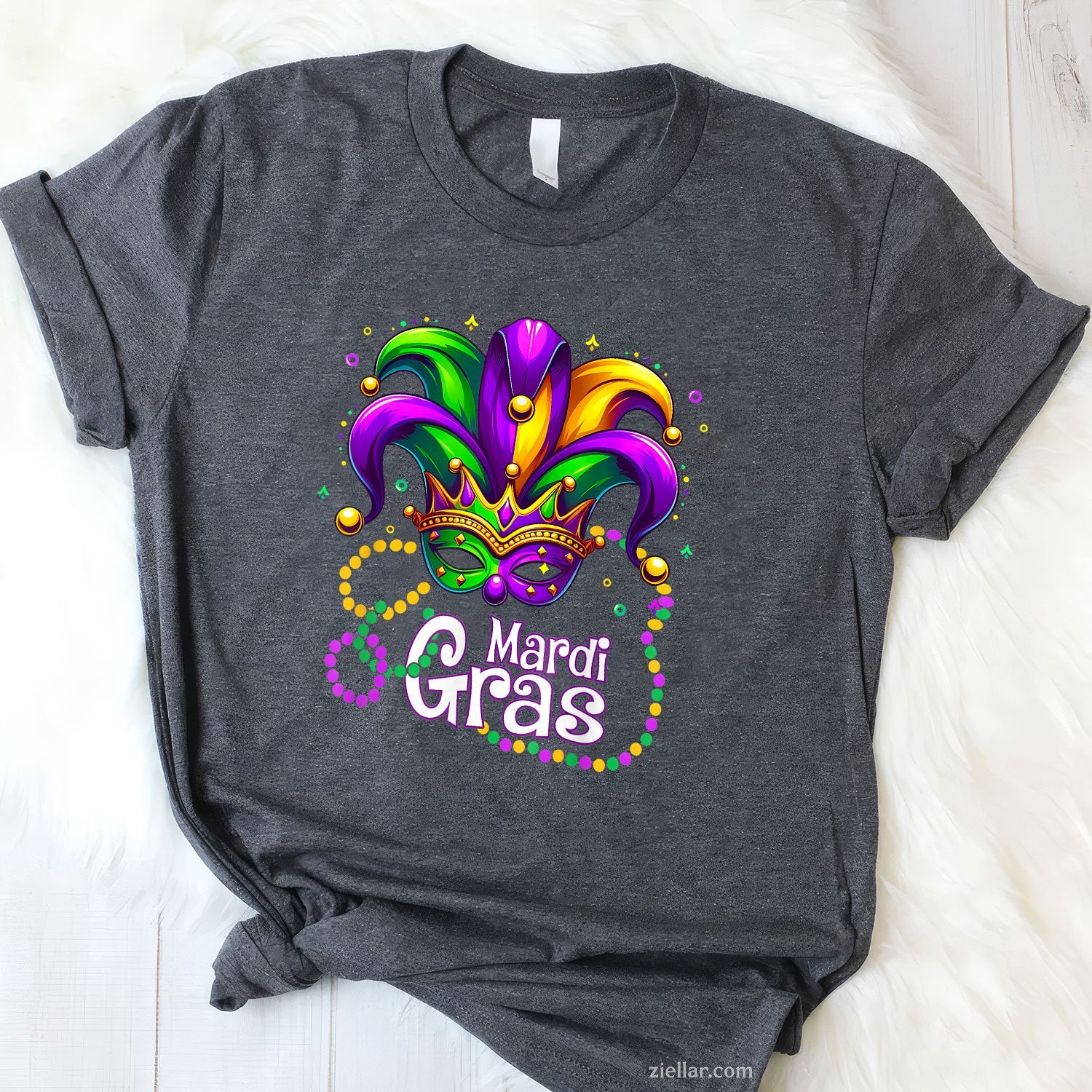 Mardi Gras Beads Mask Tee and T-Shirt, Carnival T-Shirt for Men and Women with Feathers and Hat