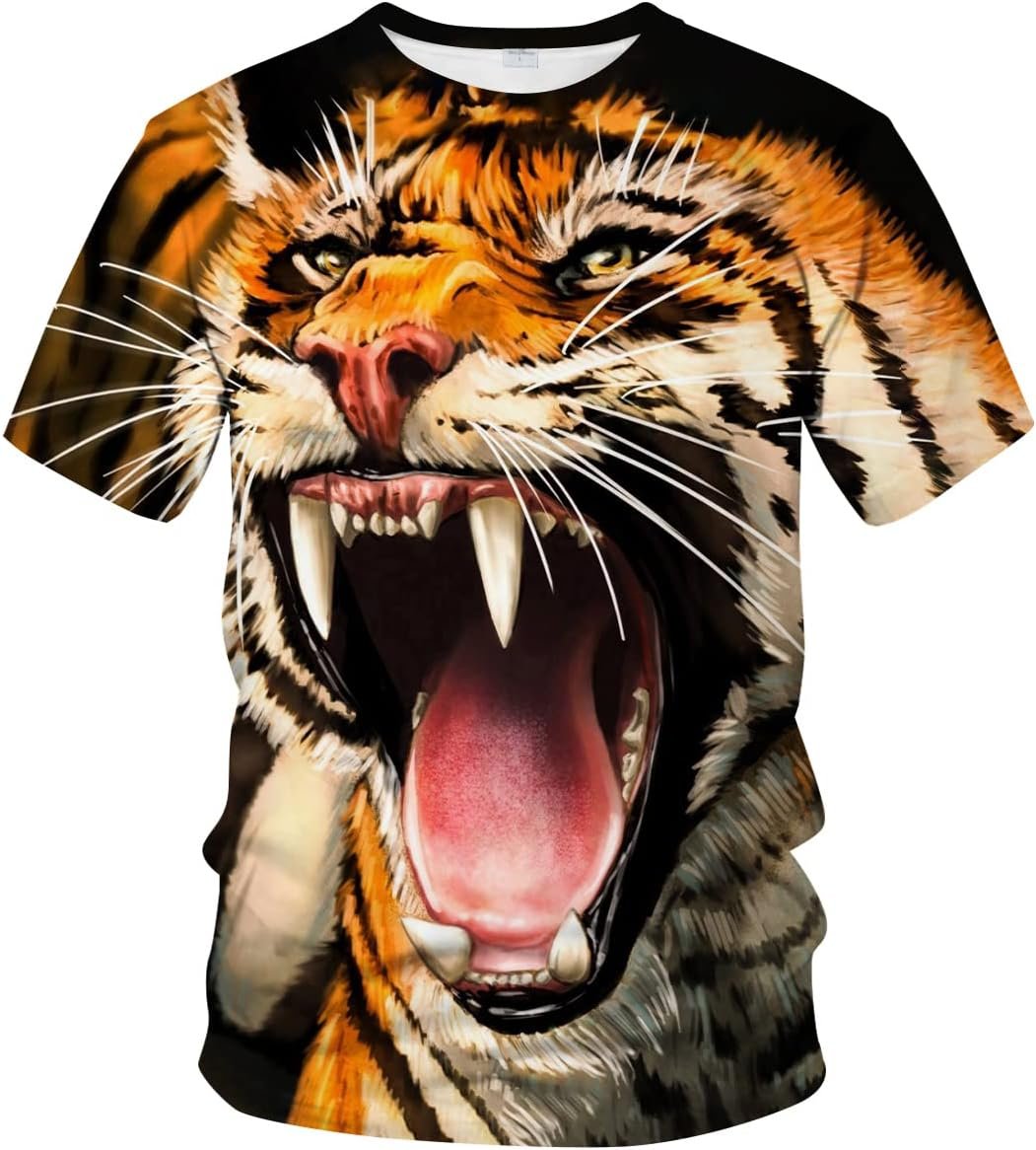 Men's Tiger Face Graphic Tee, Realistic 3D T-Shirt with Digital Animal Print for Summer Cool Look