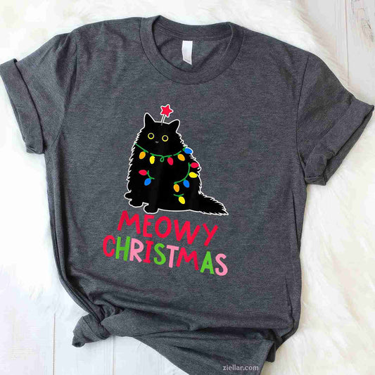 Meowy Christmas Xmas Lights Black Cat Pajamas Family Funny Men Women T-Shirt, A Funny Meowy Christmas Black Cat Pajamas Tee