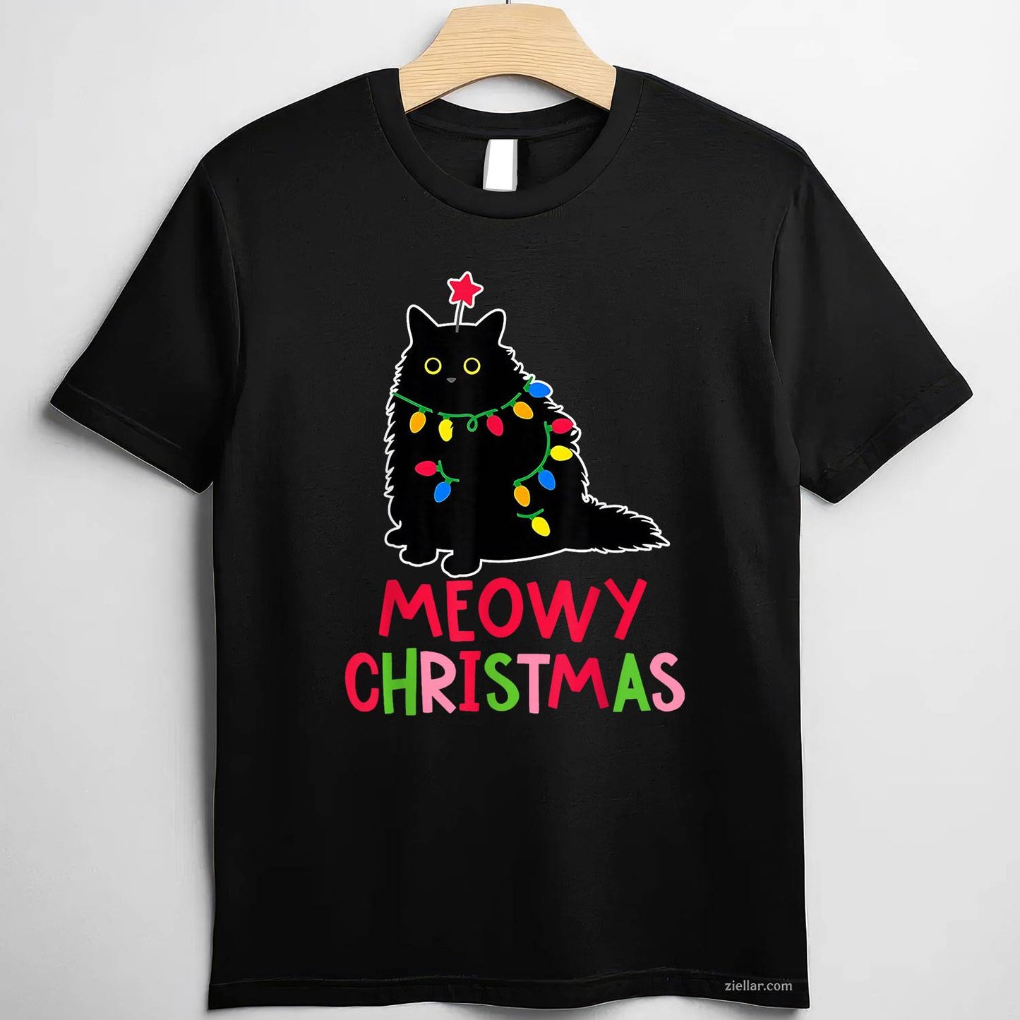 Meowy Christmas Xmas Lights Black Cat Pajamas Family Funny Men Women T-Shirt, A Funny Meowy Christmas Black Cat Pajamas Tee