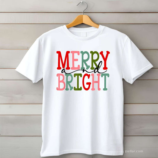 Merry And Bright Christmas Women Girls Cute T-Shirt, A Cute Merry And Bright Christmas Tee For Adults