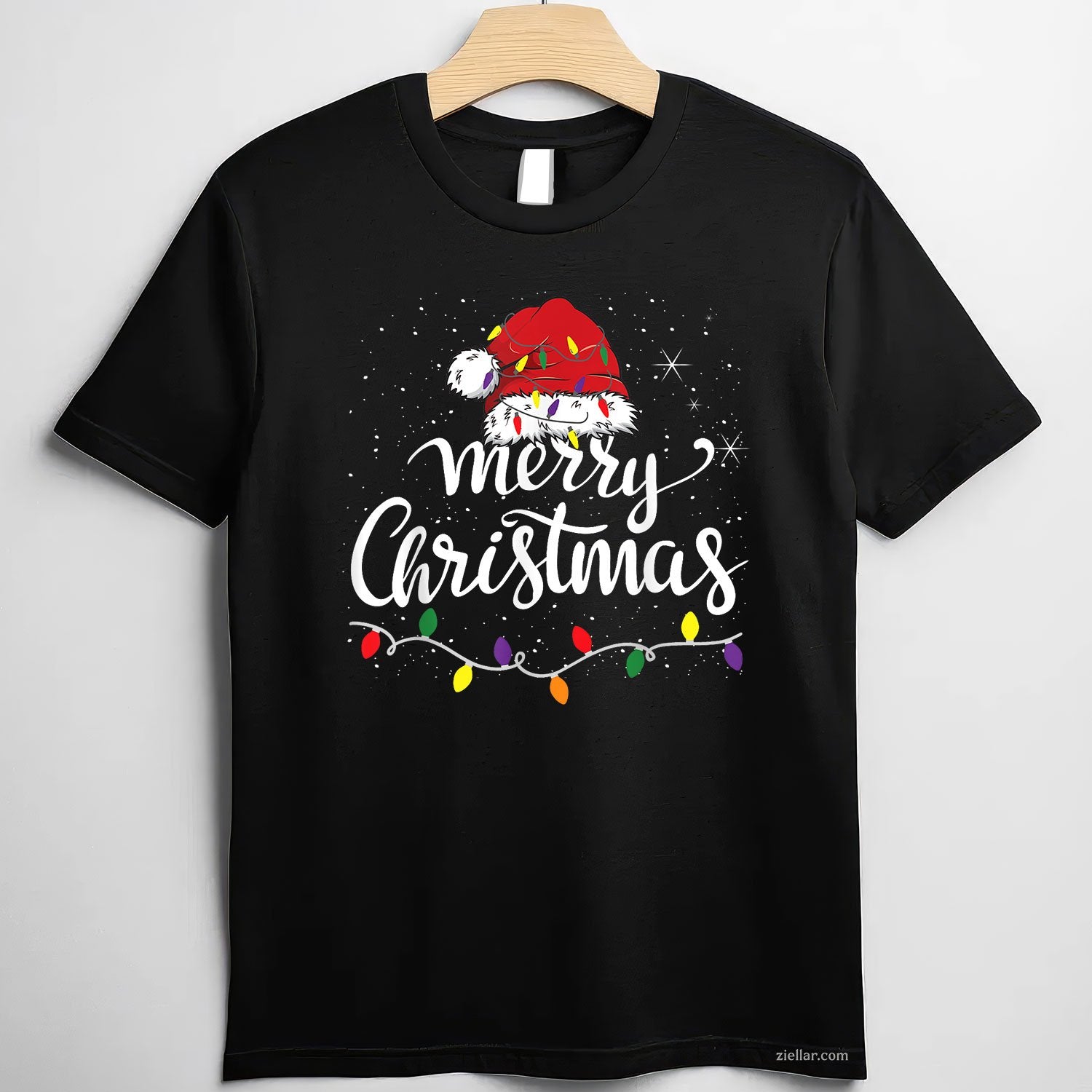 Merry Christmas Lights Tee and T-Shirt, Santa Hat Family Holiday T-Shirt for Adults