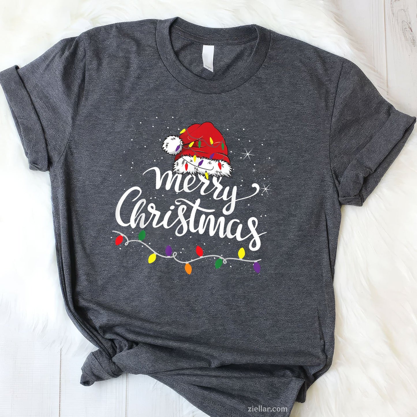 Merry Christmas Lights Tee and T-Shirt, Santa Hat Family Holiday T-Shirt for Adults