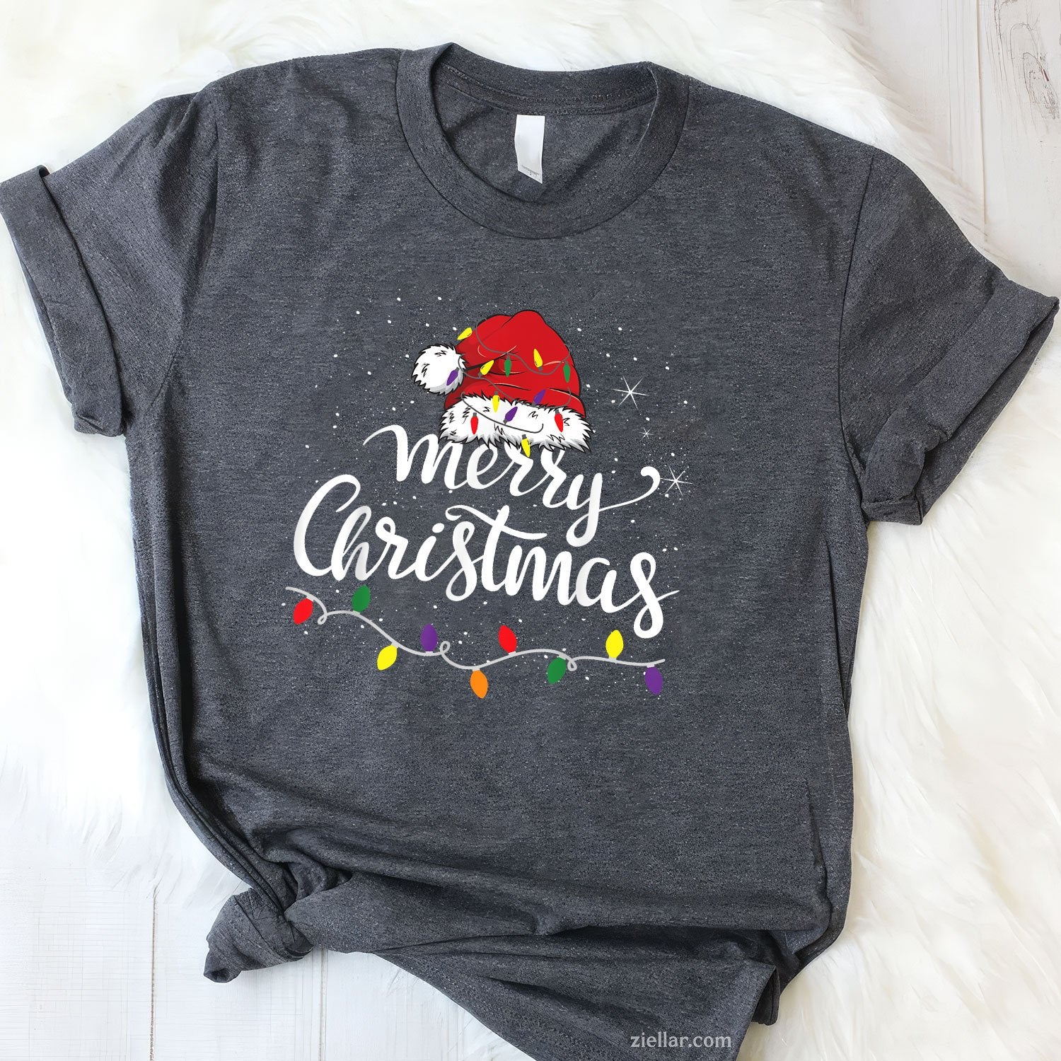 Merry Christmas Lights Tee and T-Shirt, Santa Hat Family Holiday T-Shirt for Adults
