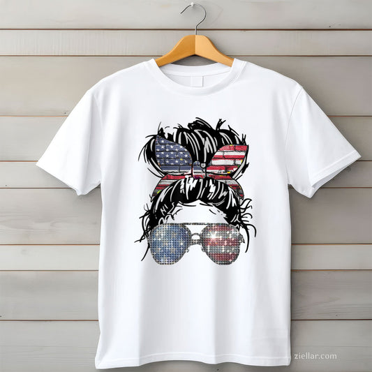Messy Bun American Flag Glasses 4th of July Patriotic TShirt