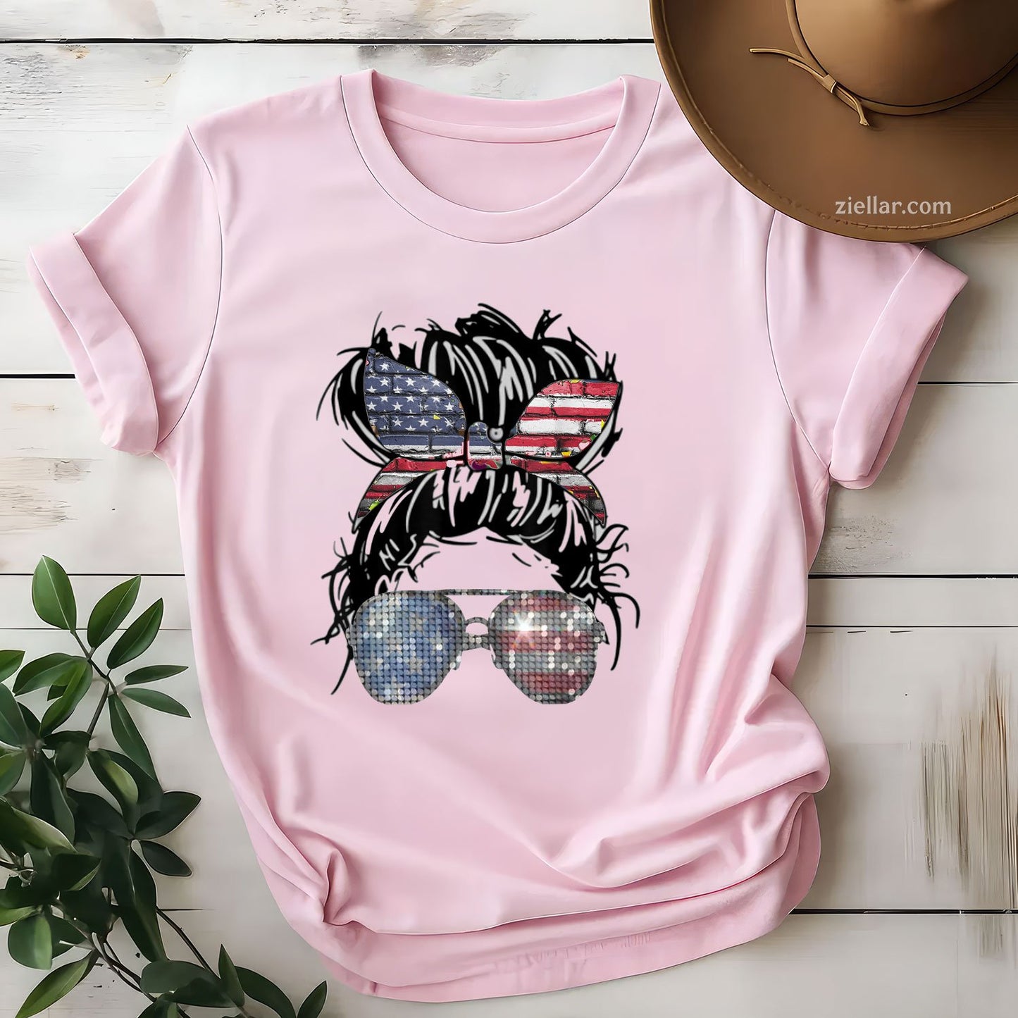 Messy Bun American Flag Glasses 4th of July Patriotic TShirt