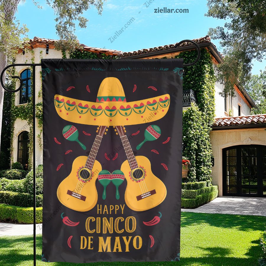 Mexican Sombrero Guitars and Maracas Garden Flag 12x18 Fiesta Outdoor Banner