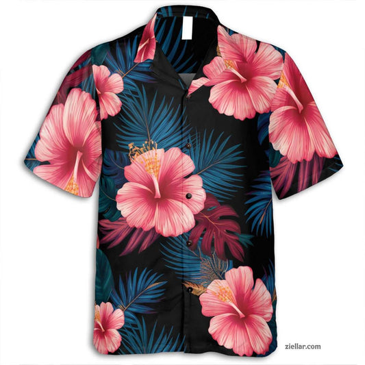 Midnight Bloom Hawaiian Shirt Tee, Tropical Hibiscus Aloha Shirt for Adults