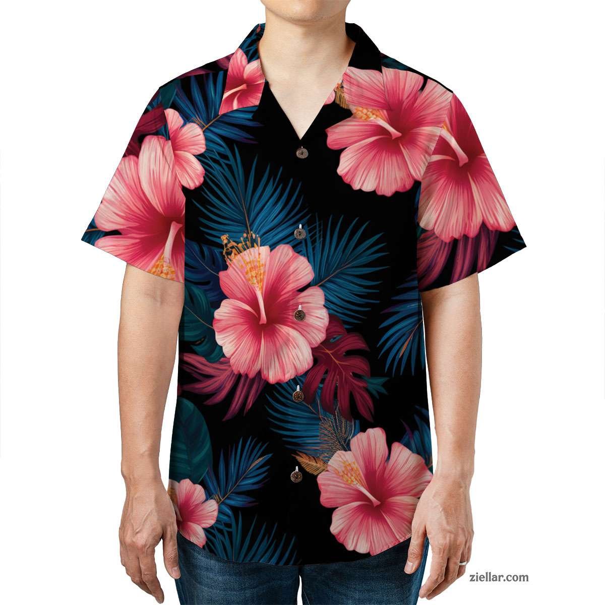 Midnight Bloom Hawaiian Shirt Tee, Tropical Hibiscus Aloha Shirt for Adults