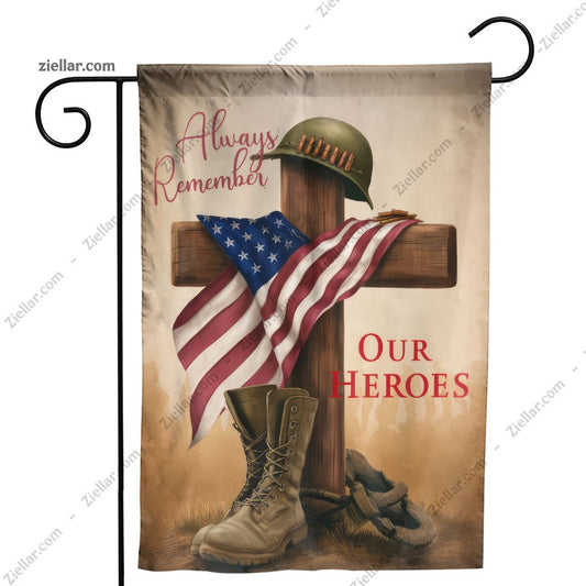 Military Memorial Garden Flag with Helmet Boots Cross, Honor Heroes Yard Decor