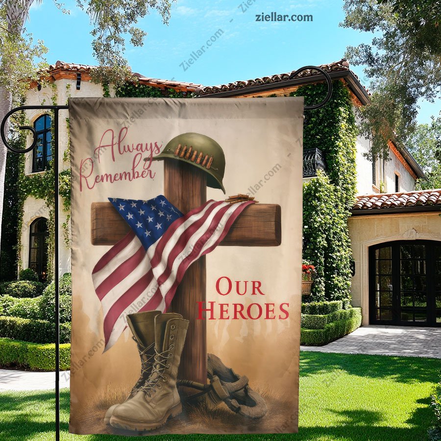 Military Memorial Garden Flag with Helmet Boots Cross, Honor Heroes Yard Decor