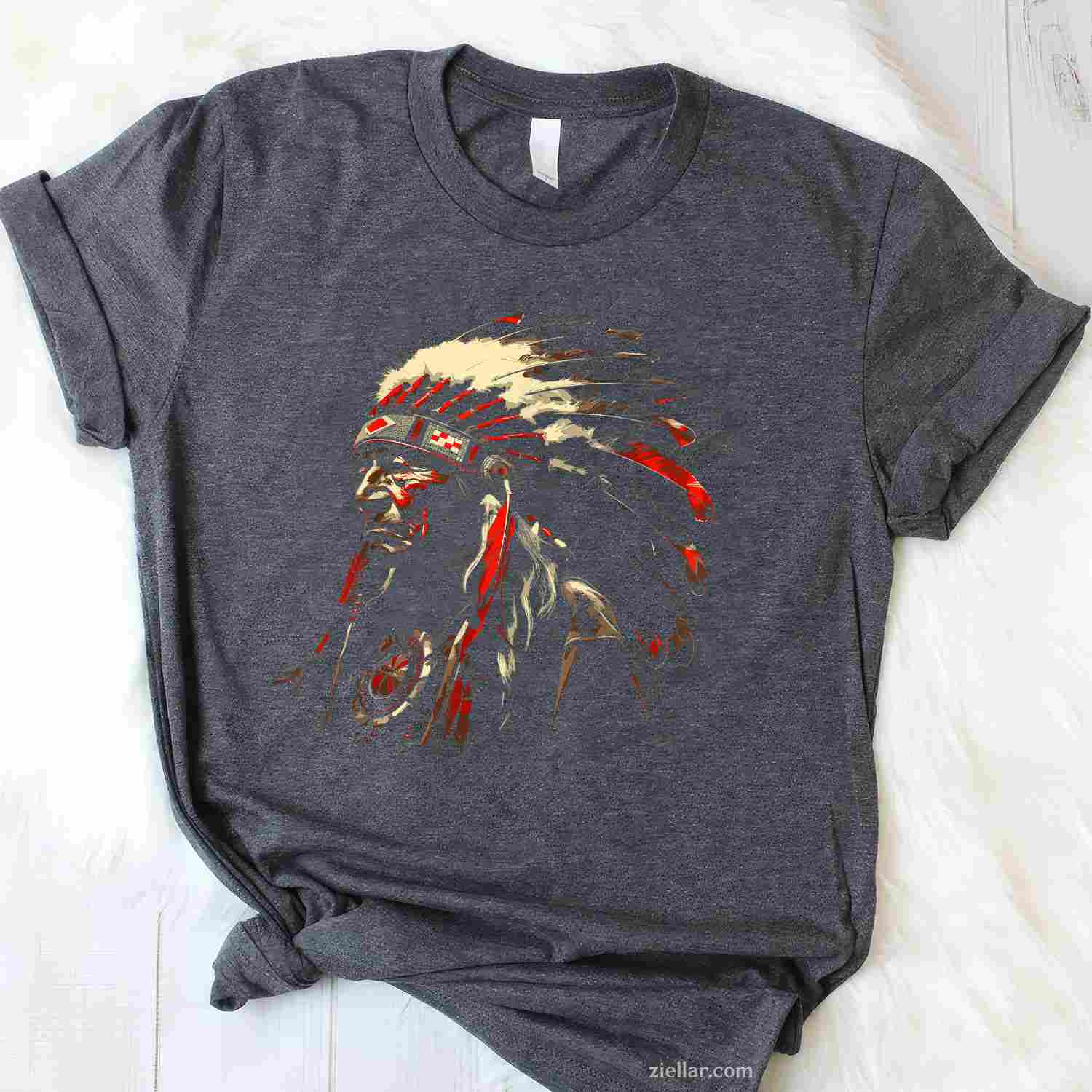 Native American Indian And Wolf Feathers Chief Art T-Shirt And Tee For Adults