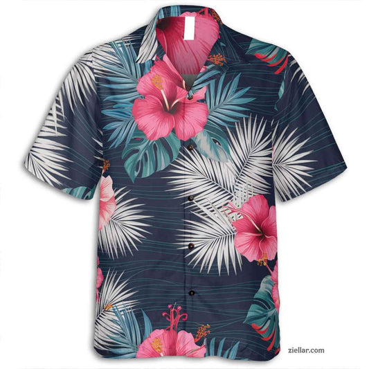 Navy Blue Tropical Hawaiian Shirt Tee, Palm Leaf Aloha Summer Vacation