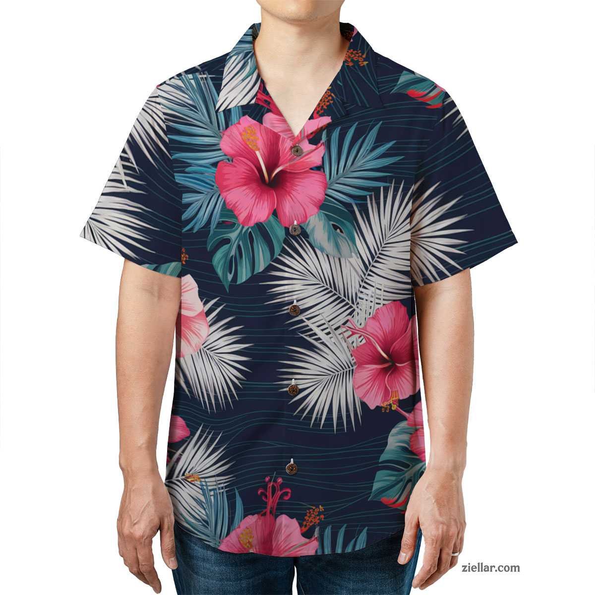 Navy Blue Tropical Hawaiian Shirt Tee, Palm Leaf Aloha Summer Vacation