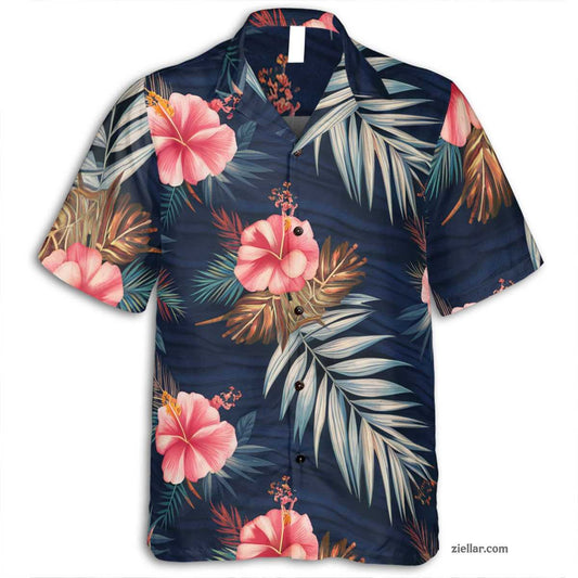 Navy Floral Paradise Hawaiian Shirt Tee, Seamless Aloha Tropical Vacation Shirt